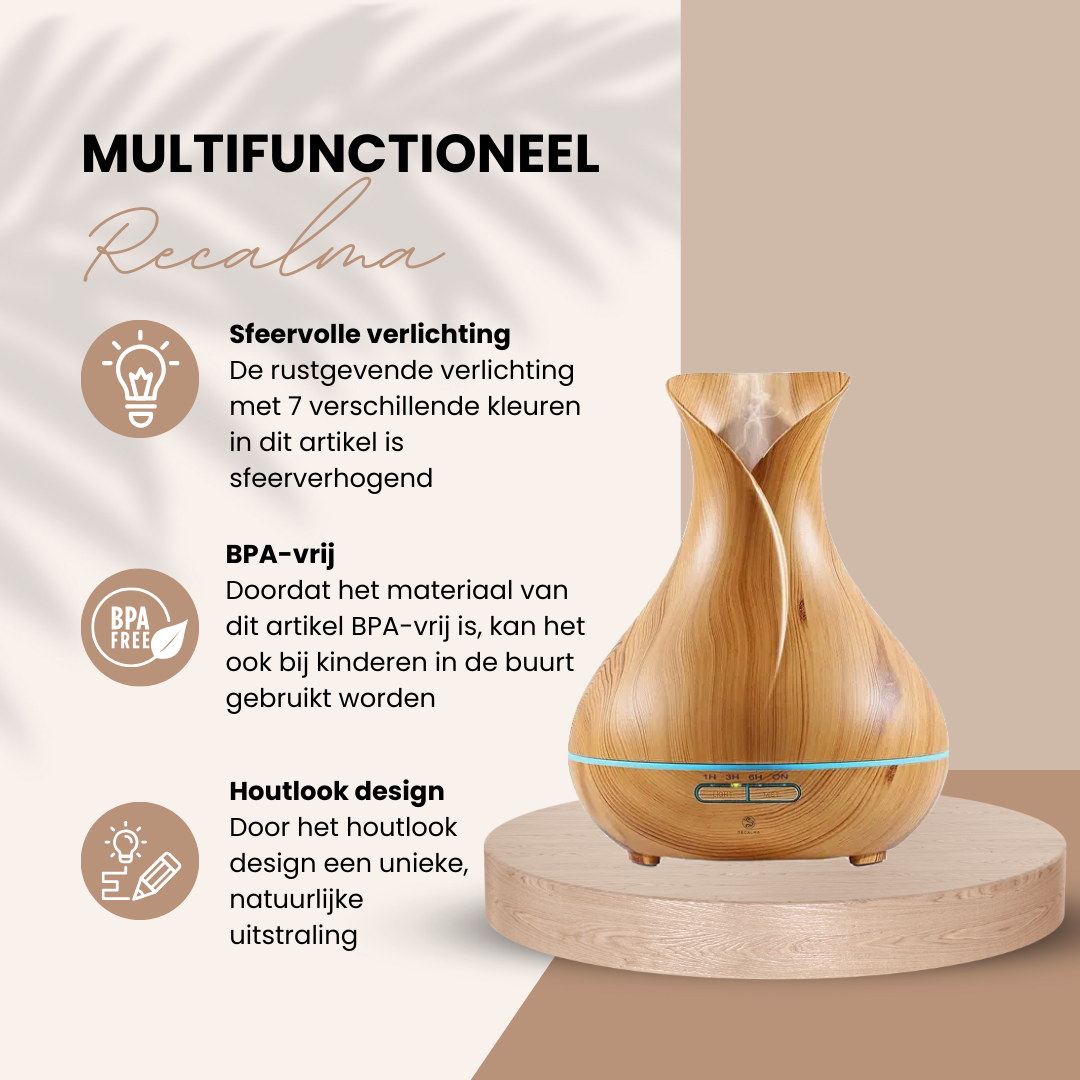 Recalma Aroma Diffuser 550 ML Incl. Bluetooth Speaker Lichtbruin
