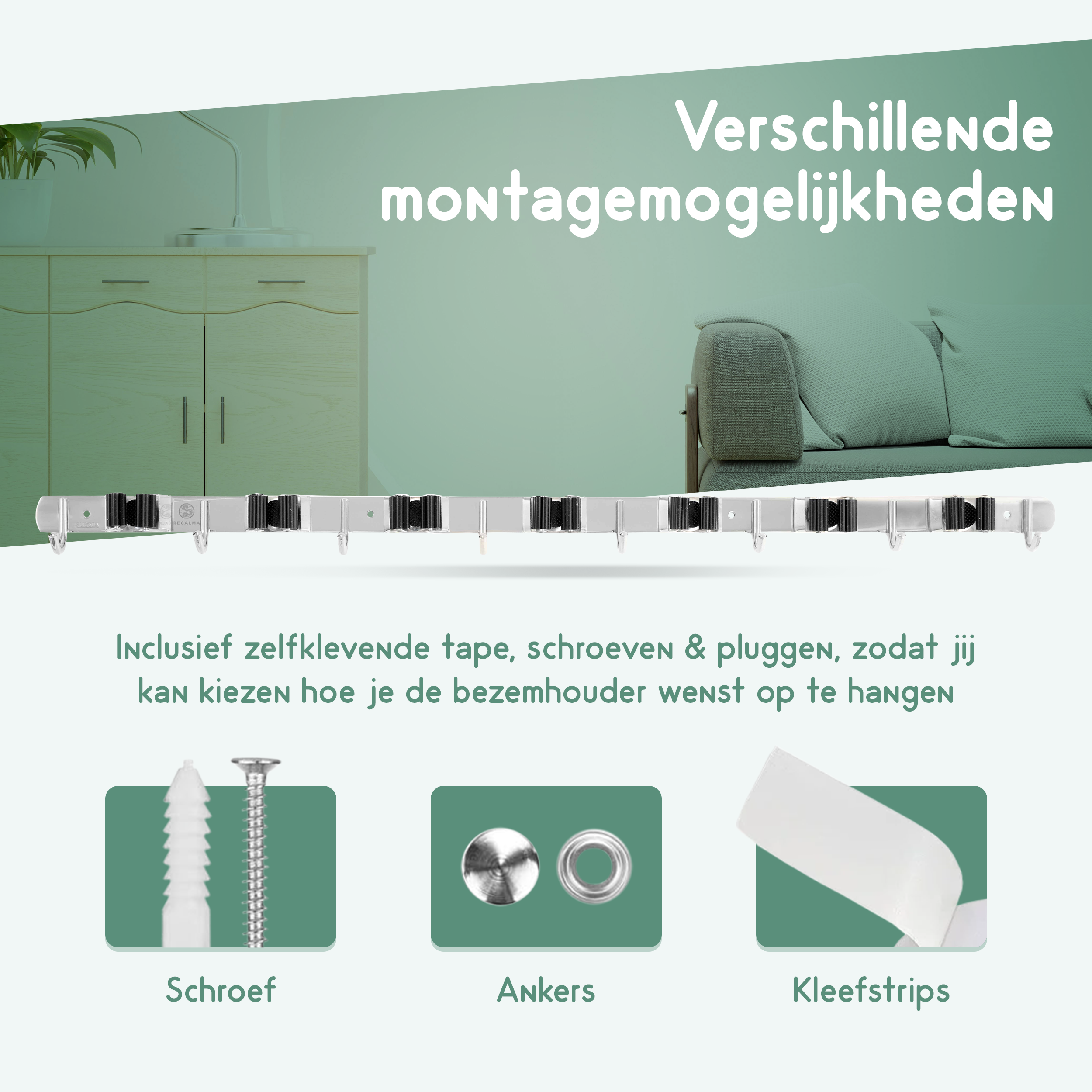 Recalma gereedschap ophangsysteem bezemhouder 6 haken 5 klemmen