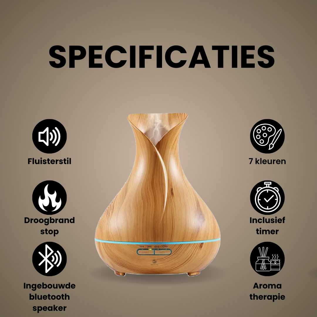 Recalma Aroma Diffuser 550 ML Incl. Bluetooth Speaker Lichtbruin