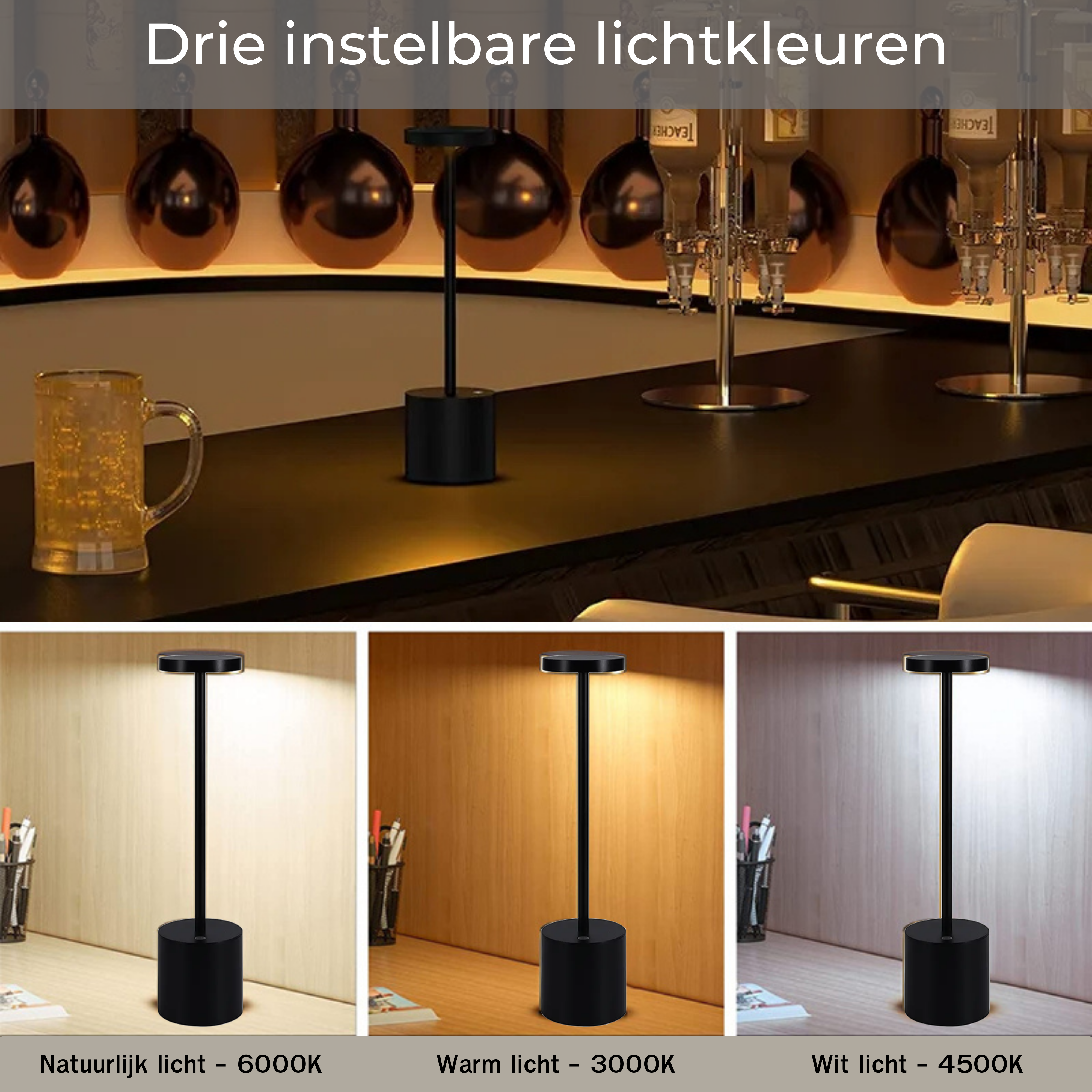 Fullambience Oplaadbare Tafellamp met 3 LED-kleuren