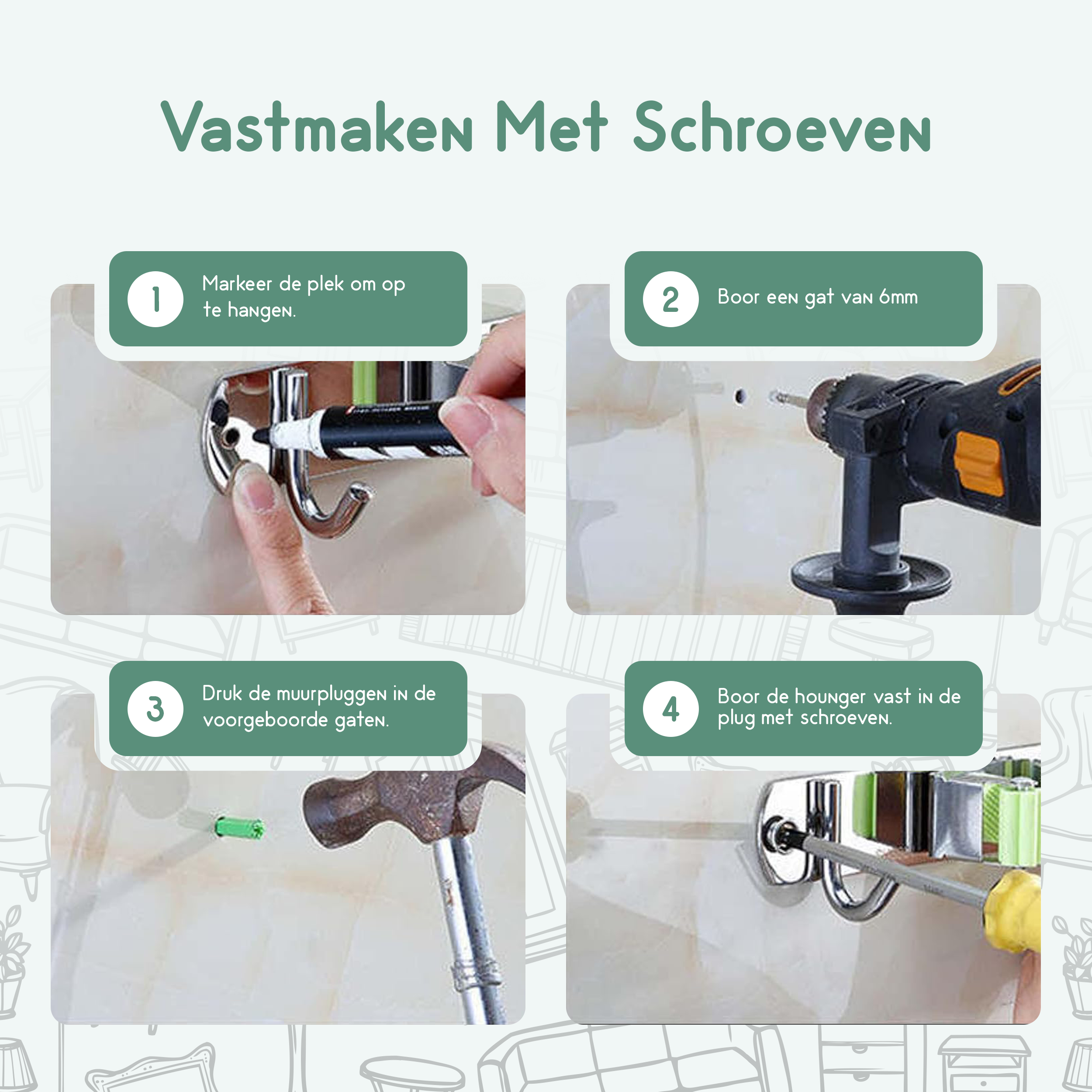 Recalma gereedschap ophangsysteem bezemhouder 6 haken 5 klemmen