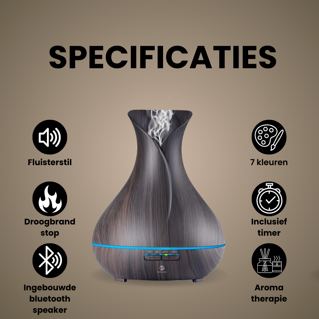 Recalma Aroma Diffuser 550 ML Incl. Bluetooth Speaker Donkerbruin