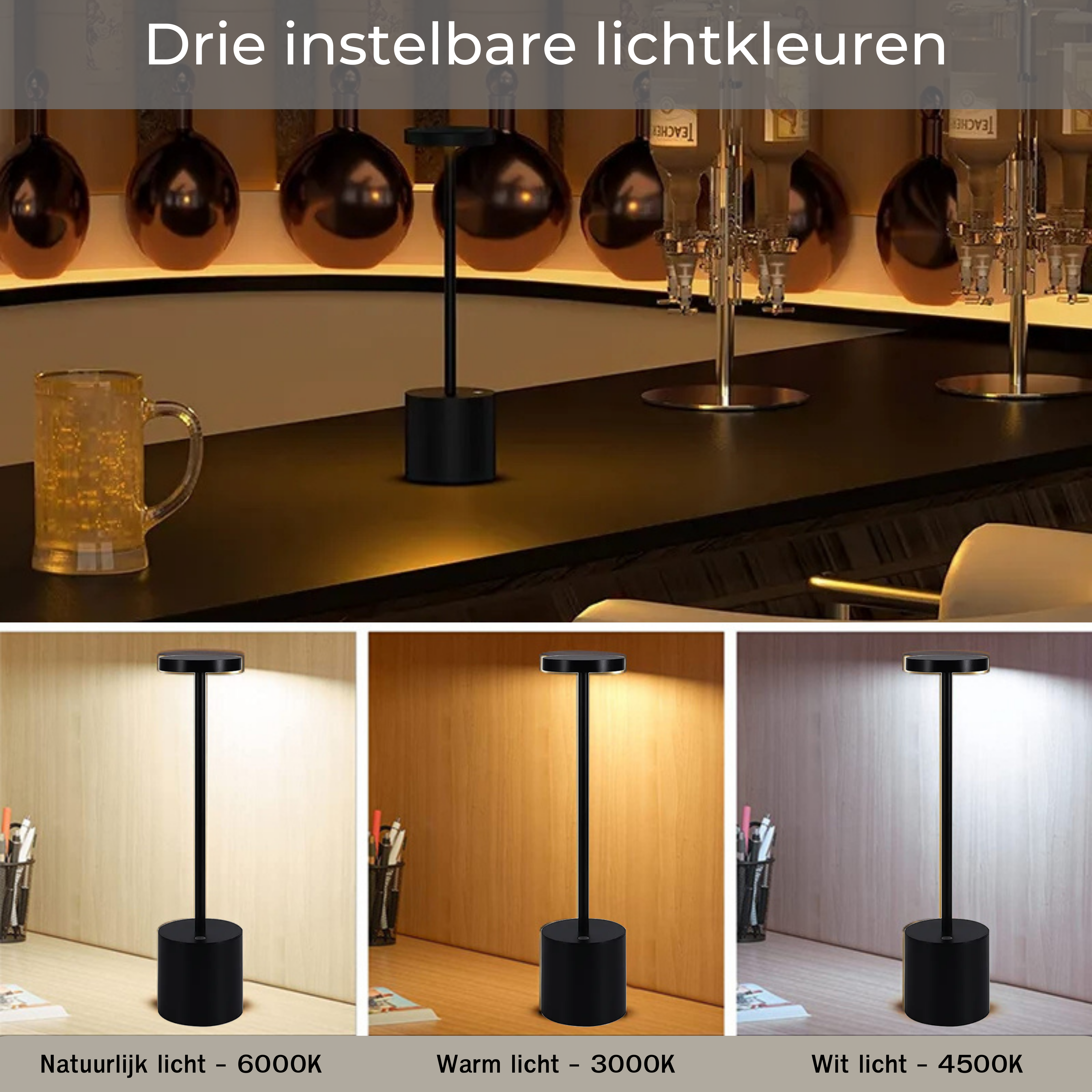 Fullambience Oplaadbare Tafellamp met 3 LED-kleuren 